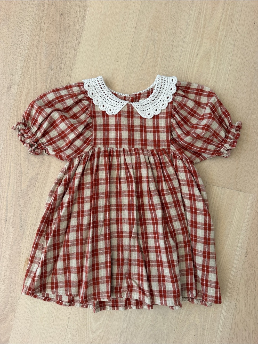 Rylee + Cru Red and Cream Plaid Dress with Crochet Peter Pan Collar